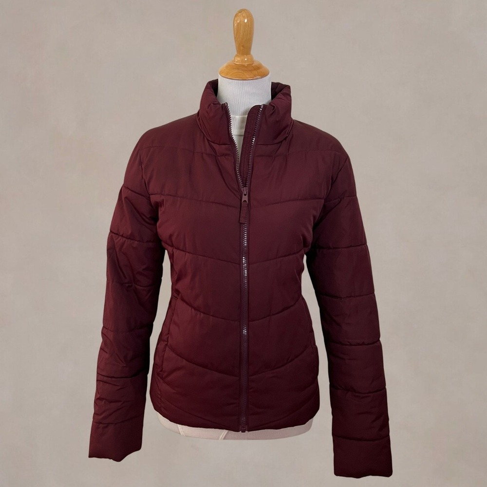 Cole Haan Burgundy Puffer Jacket Women Medium Wine Red Quilted Full Zip Coat